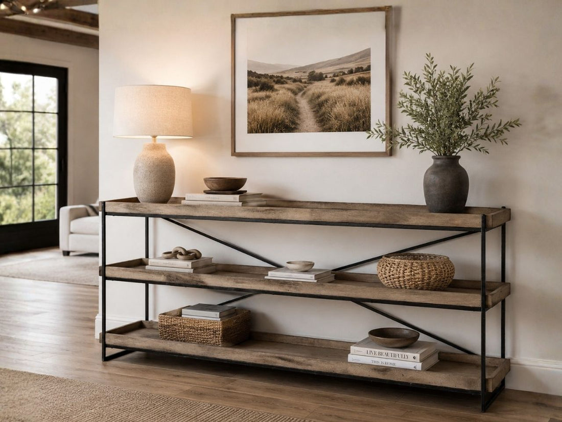 Brown wood and metal console table styled in a modern living room with neutral décor and open shelves.