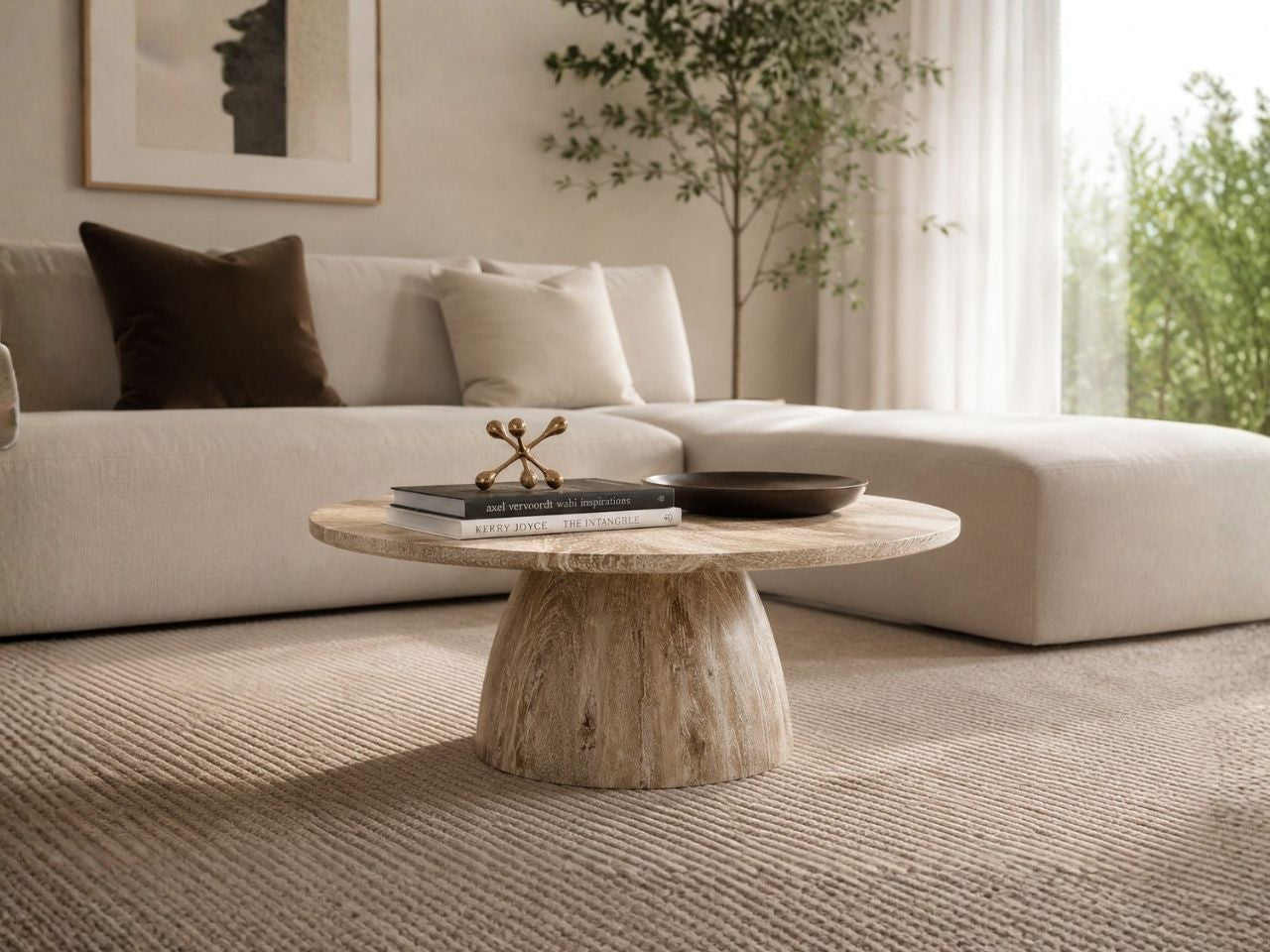 Round wood coffee table with a pedestal base styled in a cozy living room with a sectional sofa.