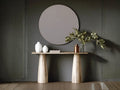 A minimalist, light wood console table featuring two thick, tapered sculptural pedestal legs and a slim rectangular top.