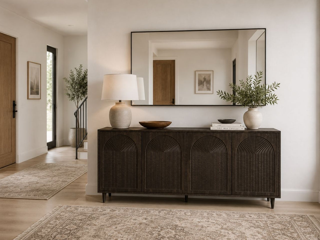 Dark wood sideboard with arched panel details and a warm, elegant look.