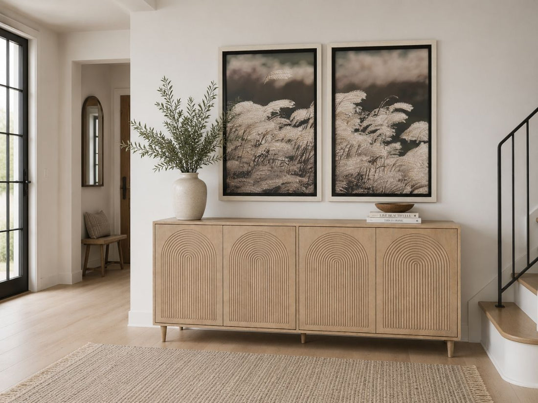 Light wood sideboard with arched textured details and a soft contemporary look.