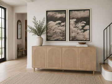 Light wood sideboard with arched textured details and a soft contemporary look.