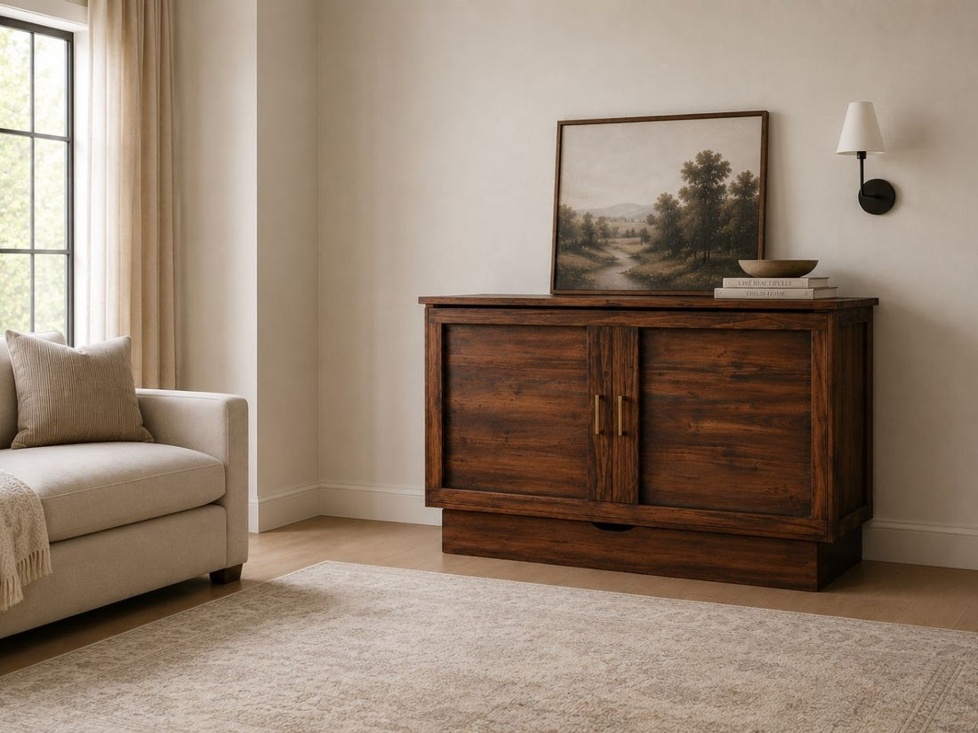 Warm acacia wood Murphy bed cabinet with a rustic-modern design, clean lines, and cozy neutral styling.