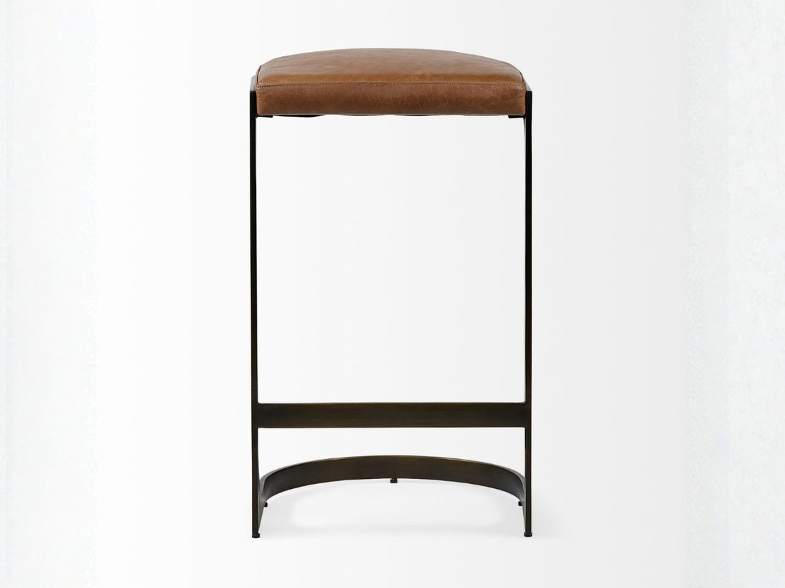 Tyson Brown Top-Grain Leather Bar Stool, Metal Frame in Calgary in a white background