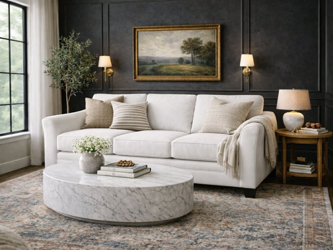 Custom Tyson sofa -with a white round marble coffee table