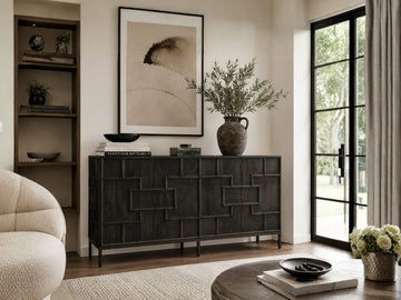 Contemporary sideboard with geometric panel detailing and a sleek dark finish.