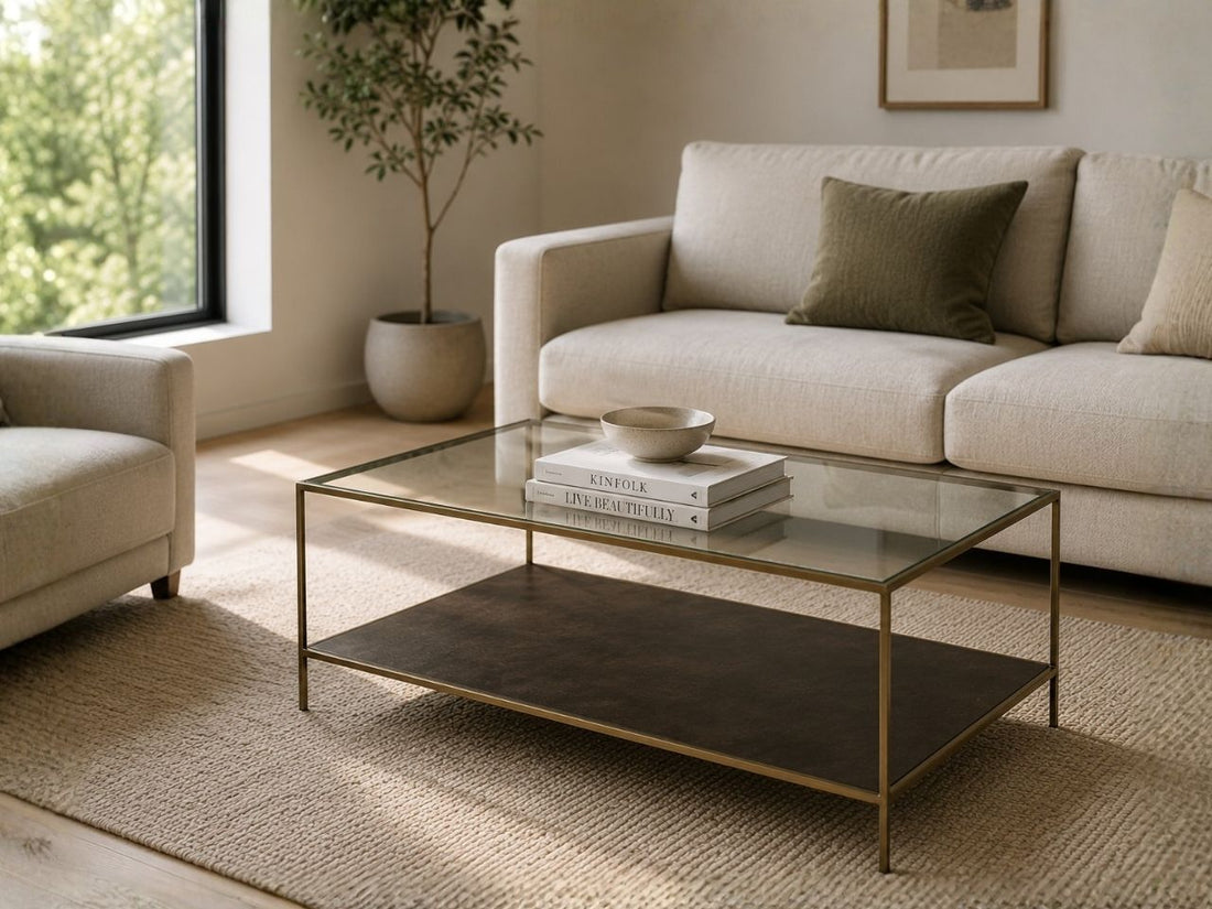 Glass coffee table with a metal frame and lower shelf in a modern living room.