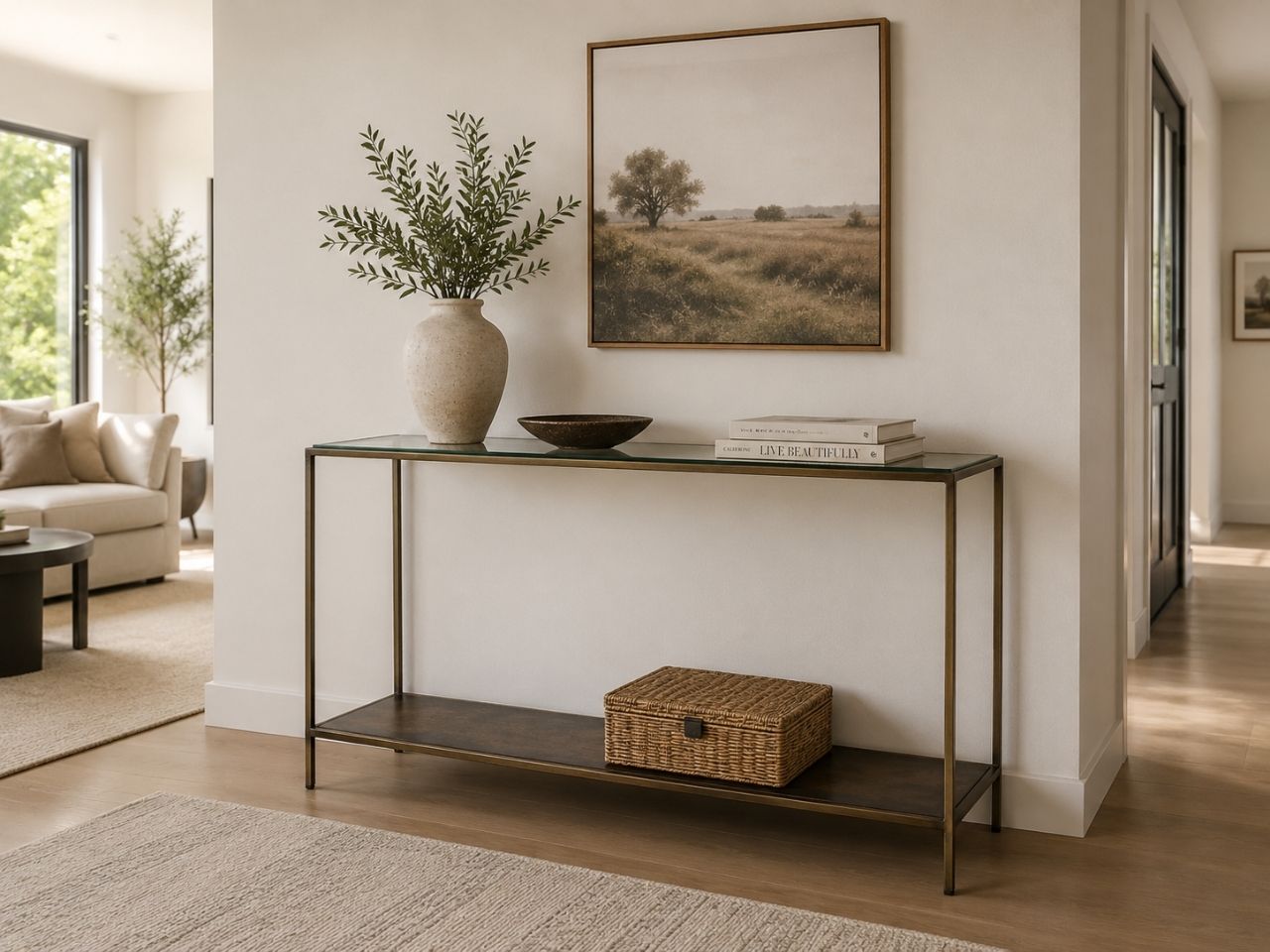 Glass-top console table with a metal frame styled in a bright modern entryway with neutral décor.