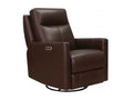 Dark brown leather power swivel recliner chair with padded back, wide track arms, and a circular metal swivel base, shown on a white background.