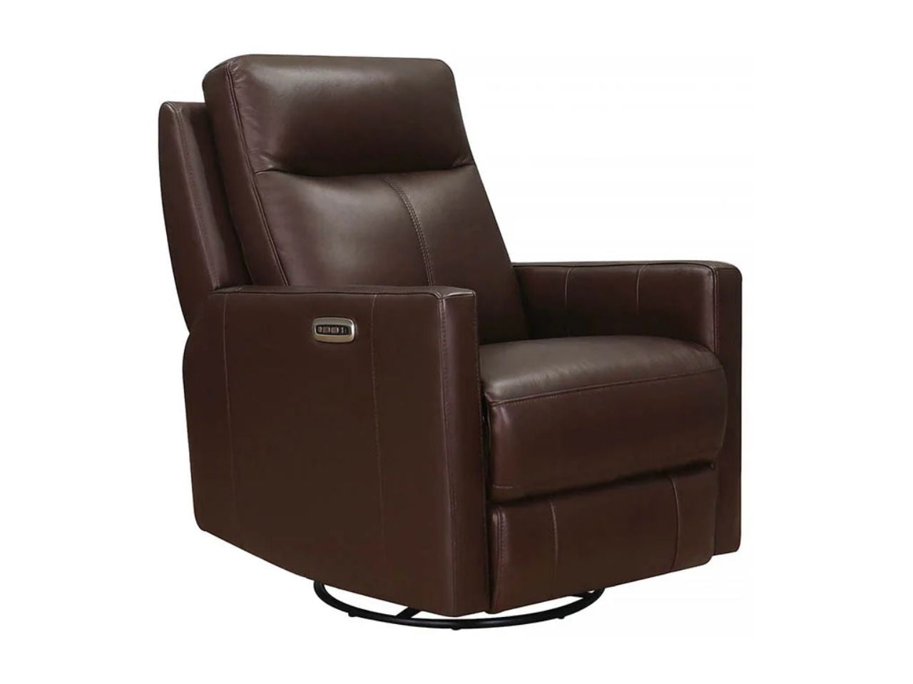 Dark brown leather power swivel recliner chair with padded back, wide track arms, and a circular metal swivel base, shown on a white background.
