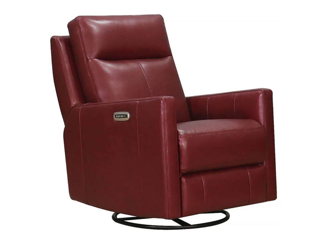 White leather power swivel recliner chair with plush seating, integrated arm controls, and a black swivel base, displayed against a white background.