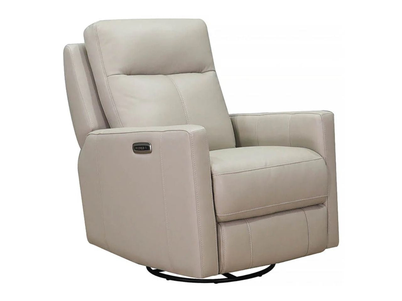 Light beige leather power swivel recliner chair featuring a cushioned backrest, boxy arms with built-in control buttons, and a black swivel base on a white background.