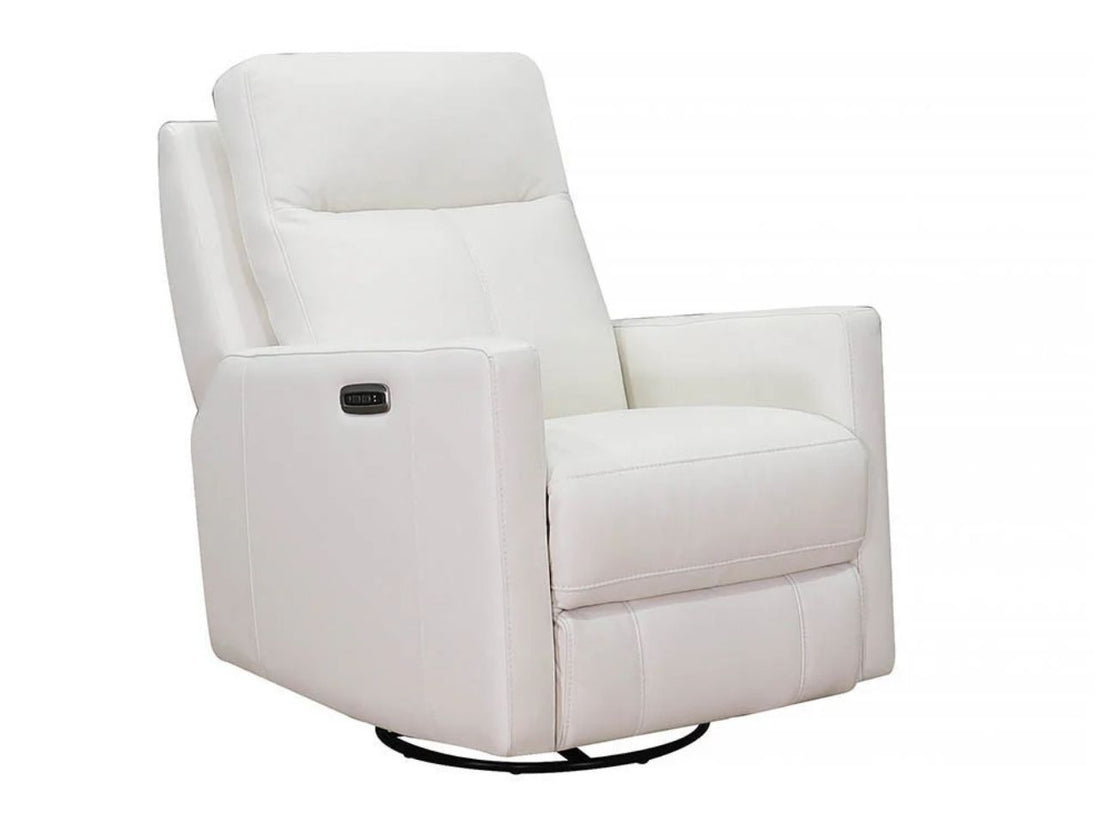 White leather power swivel recliner chair with plush seating, integrated arm controls, and a black swivel base, displayed against a white background.