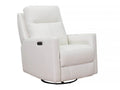 White leather power swivel recliner chair with plush seating, integrated arm controls, and a black swivel base, displayed against a white background.