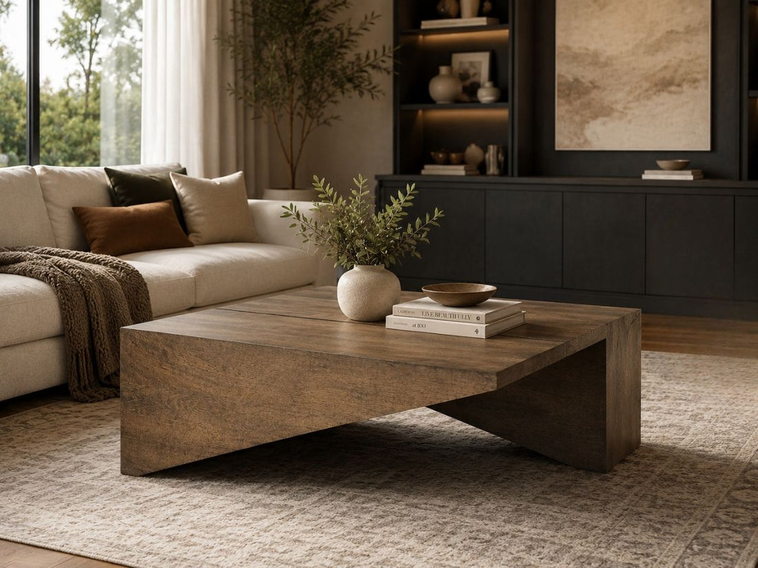 Modern wood coffee table with an angled base, styled in a contemporary living room.