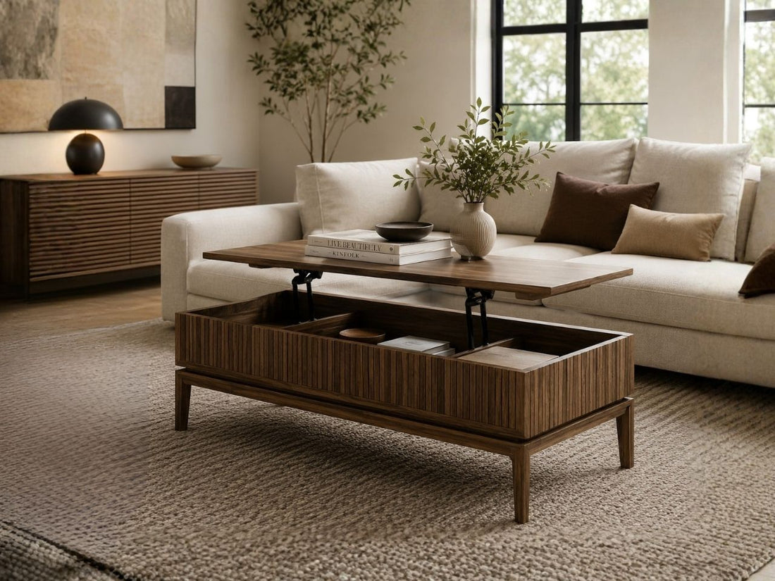 Wood coffee table with a lift-top and hidden storage in a modern living room.