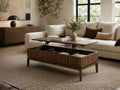 Wood coffee table with a lift-top and hidden storage in a modern living room.