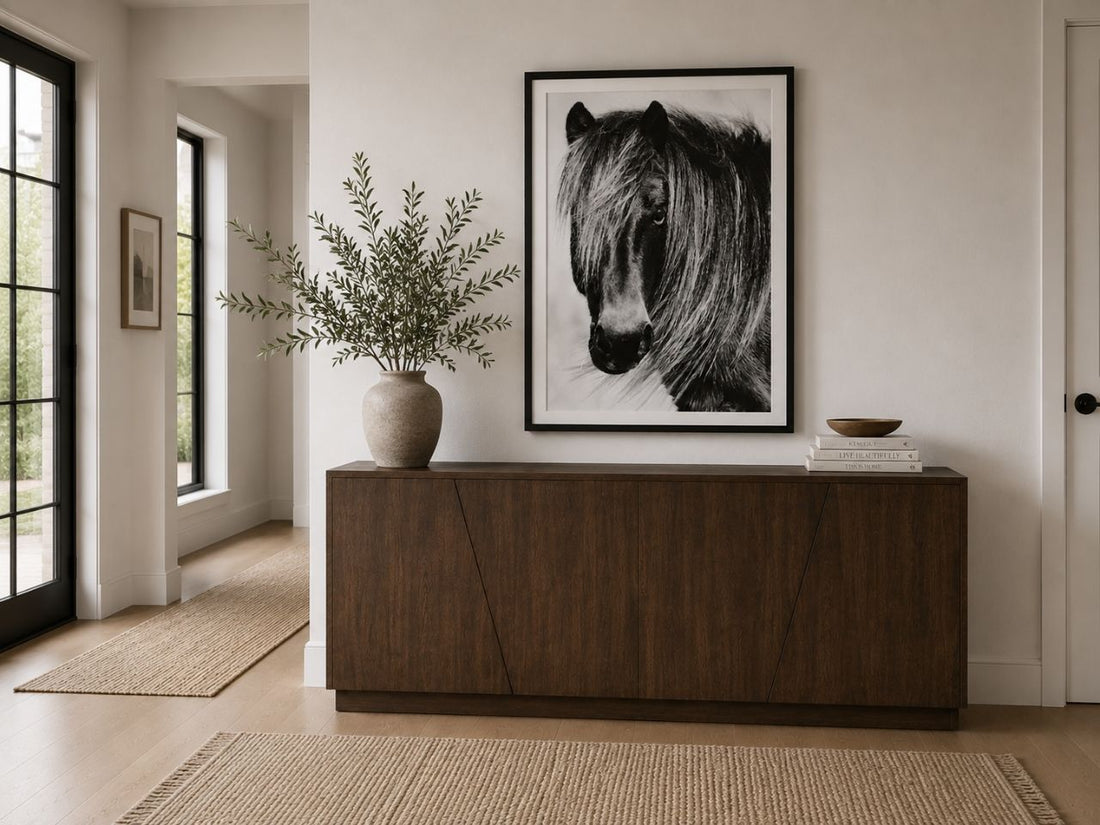 Dark wood sideboard with sleek geometric paneling and a modern profile.