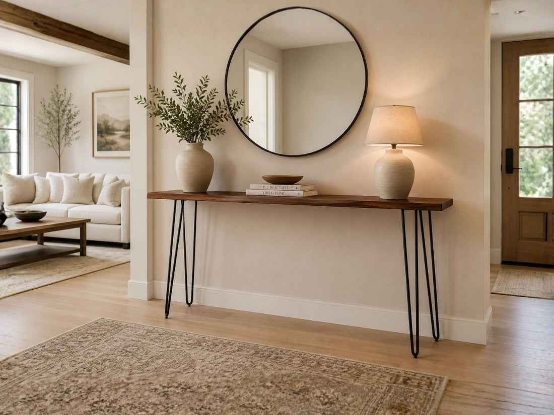 Modern wood console table with black hairpin legs styled in a bright entryway with a round mirror, lamp, and ceramic vase.