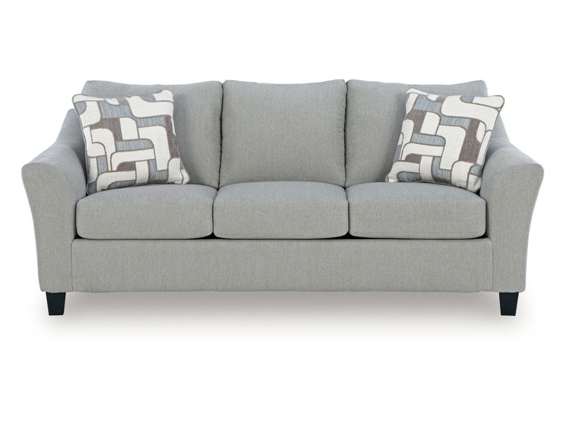 Willarae Taupe Fabric Three-Cushion Sofa with Pillows in Calgary in a white background