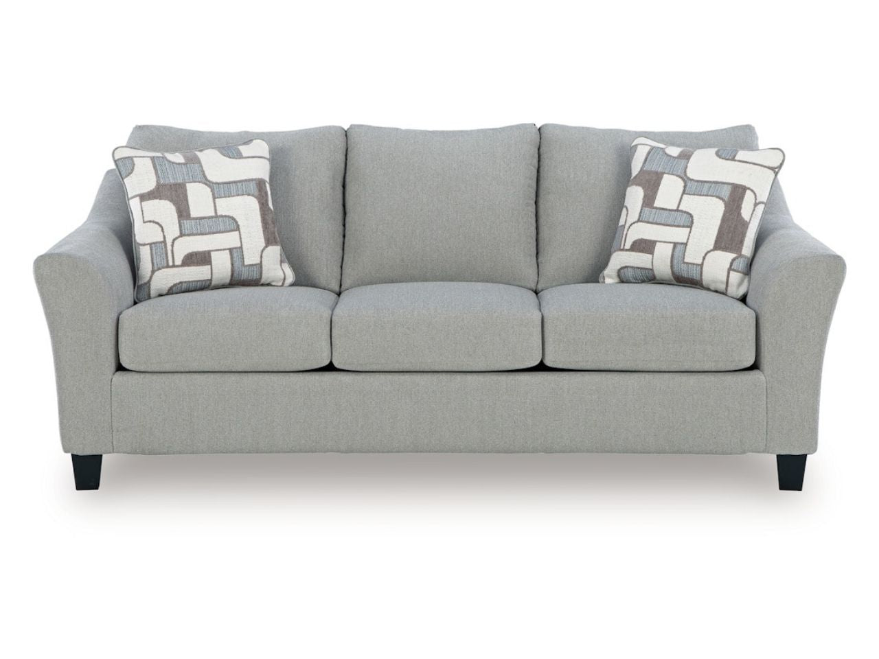 Willarae Taupe Fabric Three-Cushion Sofa with Pillows in Calgary in a white background