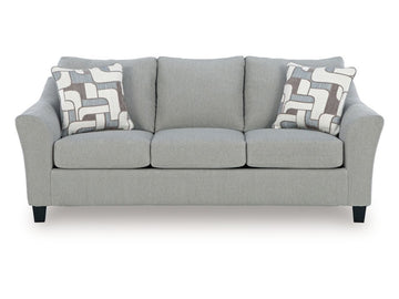 Willarae Taupe Fabric Three-Cushion Sofa with Pillows in Calgary in a white background