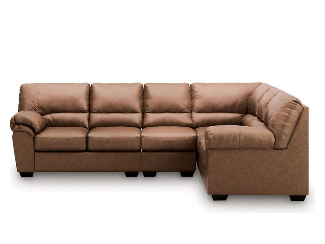 WillowBend Caramel Faux Leather 3-Piece Sectional with Jumbo Stitching in Calgary in a white background
