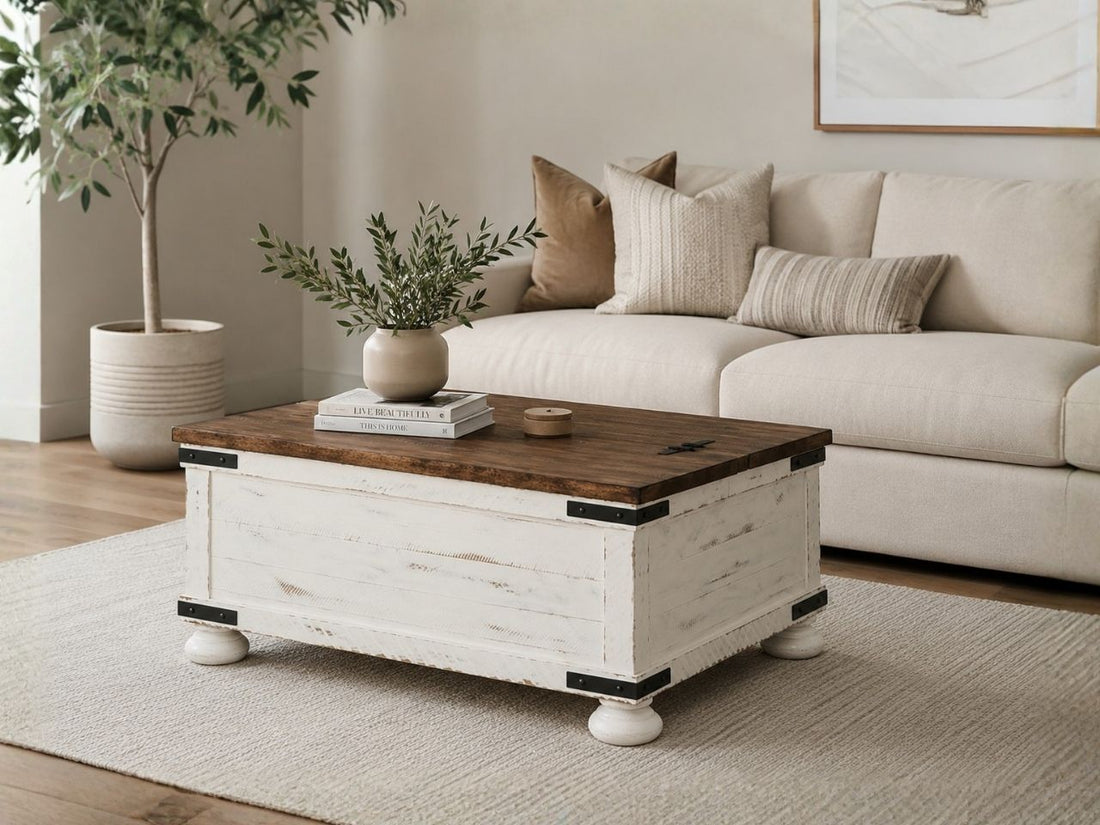 Rustic farmhouse coffee table with storage in a cozy living room.