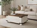 Rustic farmhouse coffee table with storage in a cozy living room.