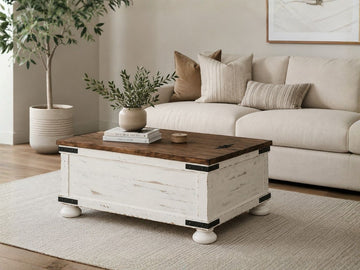Rustic farmhouse coffee table with storage in a cozy living room.