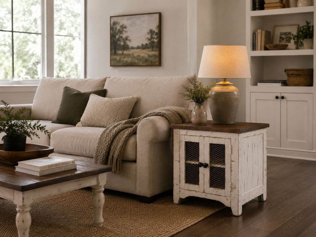Rustic whitewashed farmhouse end table with cabinet storage, styled beside a cream sofa with a table lamp in a cozy living room.