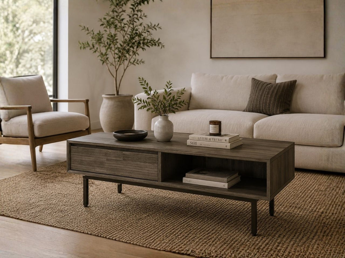 Modern coffee table with a drawer, open shelf storage, and a sleek dark wood finish.