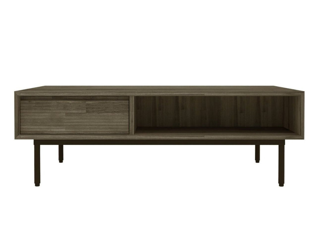 Modern coffee table with a drawer, open shelf storage, and a sleek dark wood finish.