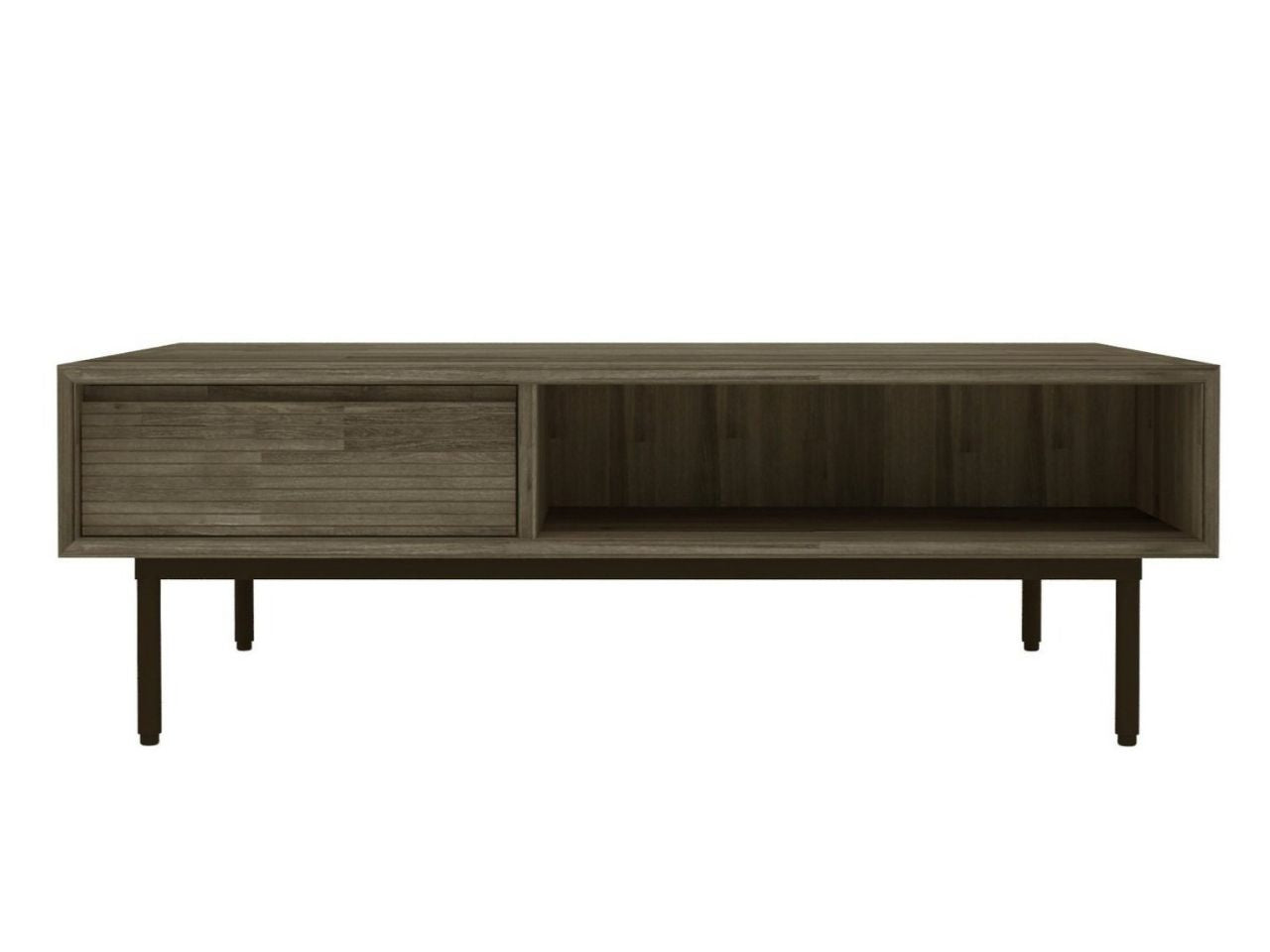 Coffee table with one drawer and an open storage shelf, shown on a clean white background.