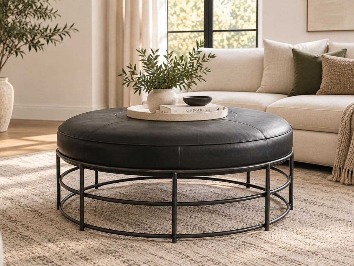 Round black leather ottoman with stitched detailing and an open black metal frame.