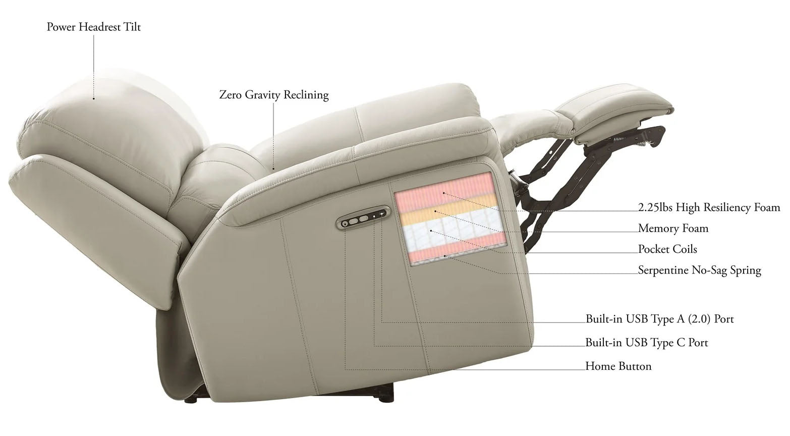 Paramount Vanilla Leather Zero Gravity Power Reclining Sofa