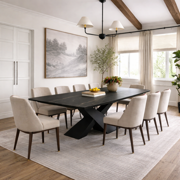 Modern rectangular dining room with a dark gray dining table and beige chairs.