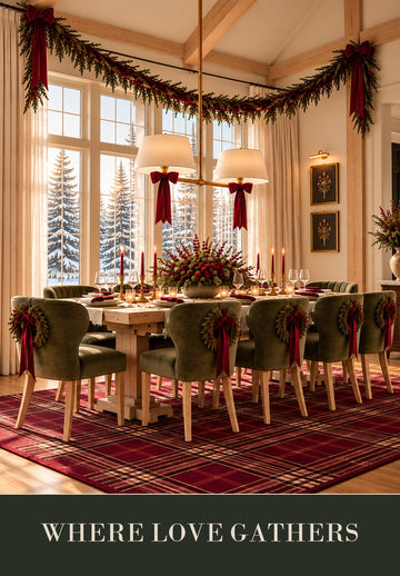 Dining room with a rectangular wooden table and chairs, featuring a Christmas theme decorations with furniture from Showhome Furniture.