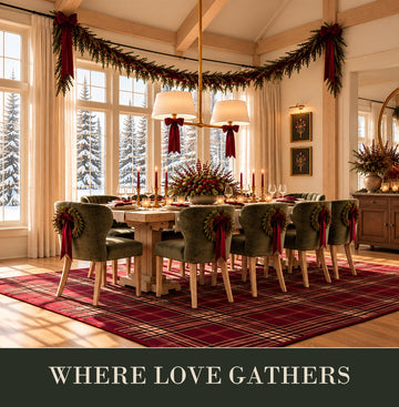 Dining room with a rectangular wooden table and chairs, featuring a Christmas theme decorations with furniture from Showhome Furniture.