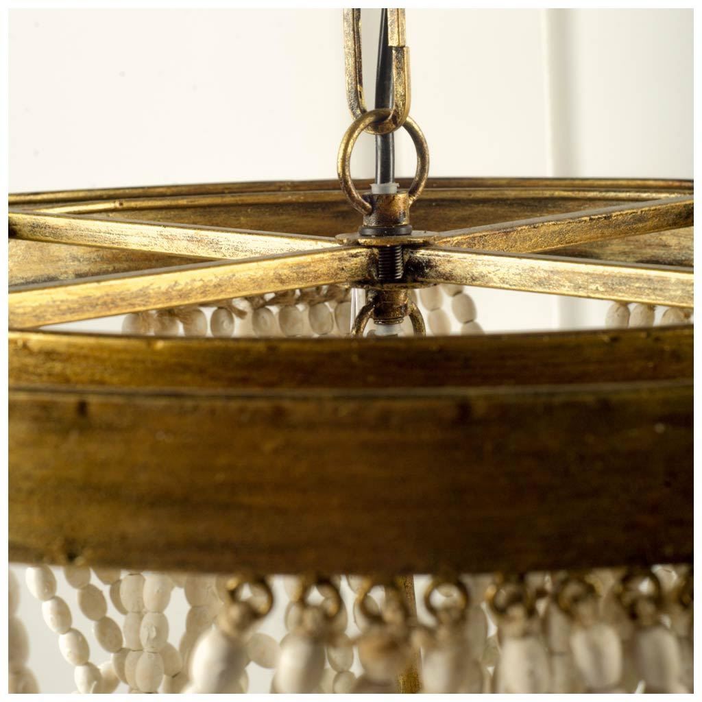 Pendra Gold Metal Whitewashed Wooden Bead Three Bulb Chandelier | Calgary Furniture Store