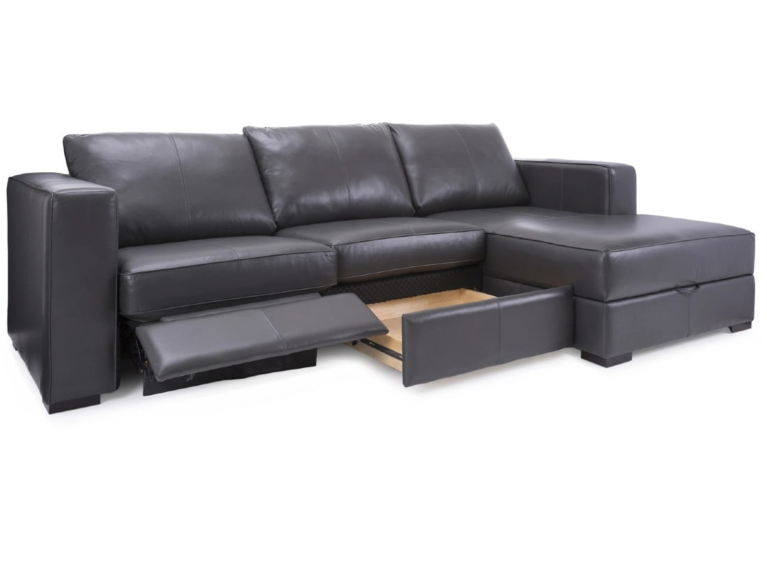 3900 Black Leather Sofa Chaise Recliner by Decor Rest, Made in Canada 🇨🇦 | Calgary's Furniture Store | Calgary Sectionals