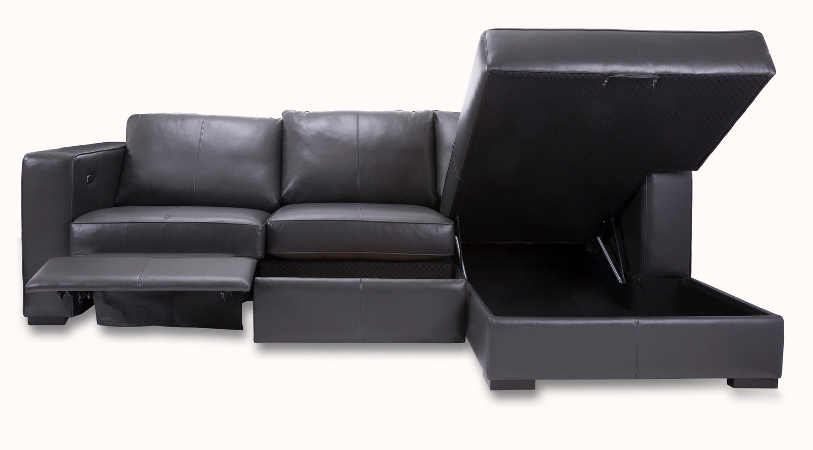3900 Black Leather Sofa Chaise Recliner by Decor Rest, Made in Canada 🇨🇦 | Calgary's Furniture Store | Calgary Sectionals