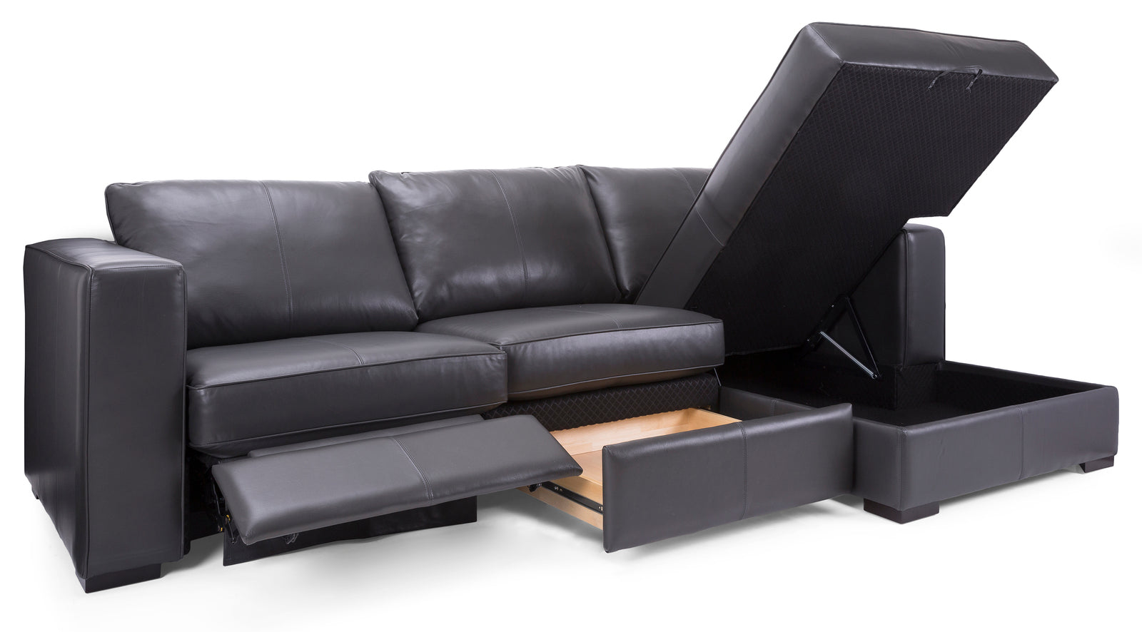 3900 Black Leather Sofa Chaise Recliner by Decor Rest, Made in Canada 🇨🇦 | Calgary's Furniture Store | Calgary Sectionals