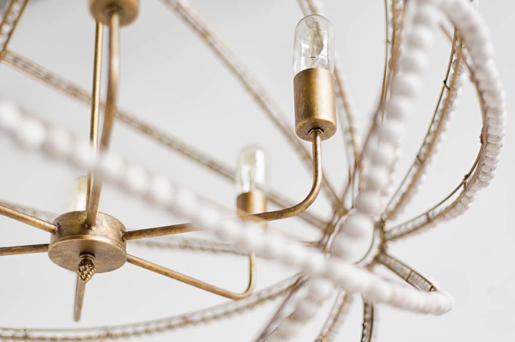 Ava White Gold Metal and White Wood Beaded Six Bulb Chandelier | Calgary Furniture Store
