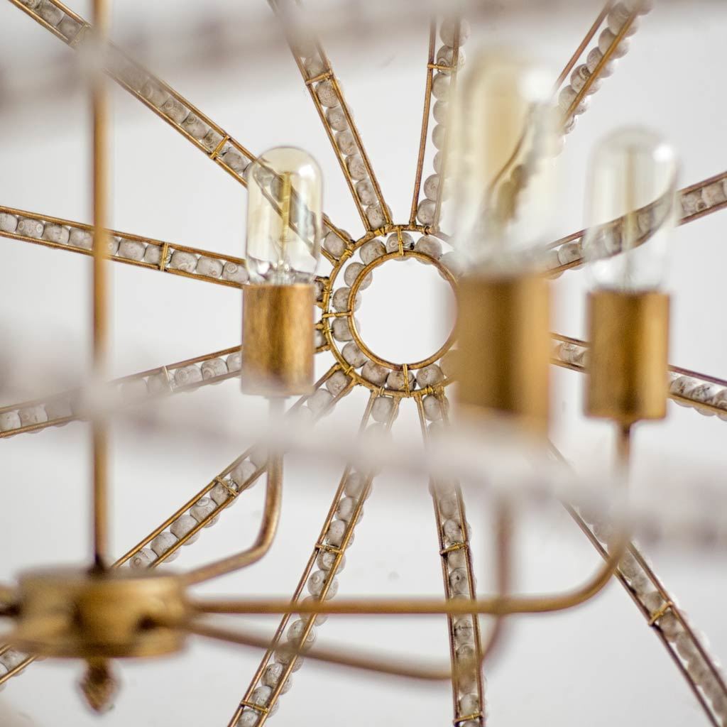 Ava White Gold Metal and White Wood Beaded Six Bulb Chandelier | Calgary Furniture Store