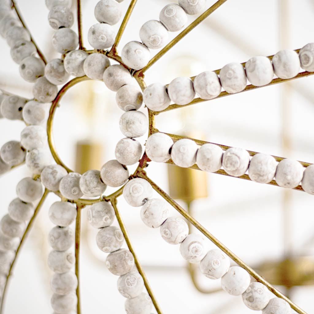 Ava White Gold Metal and White Wood Beaded Six Bulb Chandelier | Calgary Furniture Store