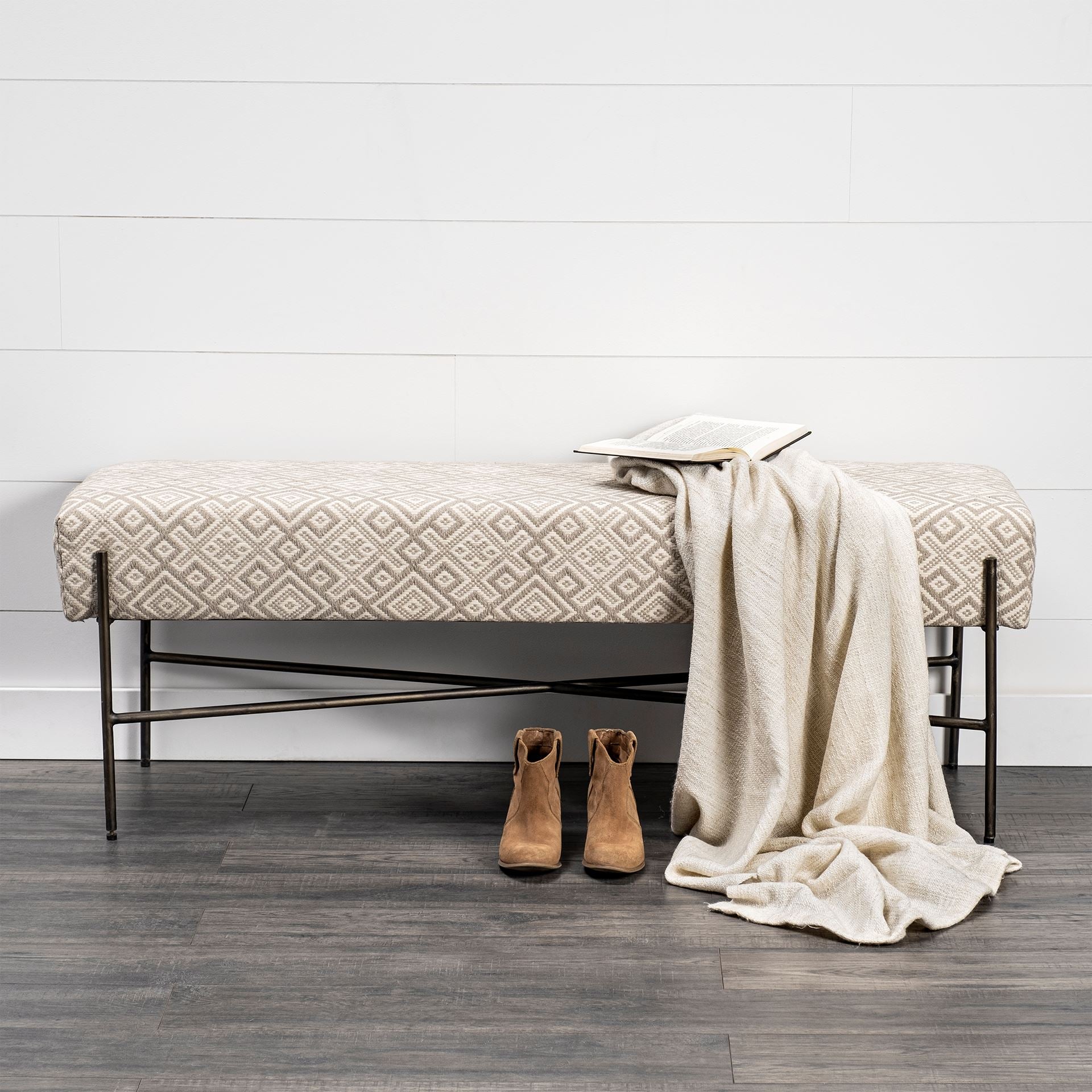 Avery II Metal Base Accent Bench - Off White Upholstered Seat | Calgary Furniture Store