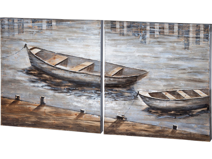 Creekside Diptych Boats Original Hand Painted on Wood Oil Painting | Calgary Furniture Store