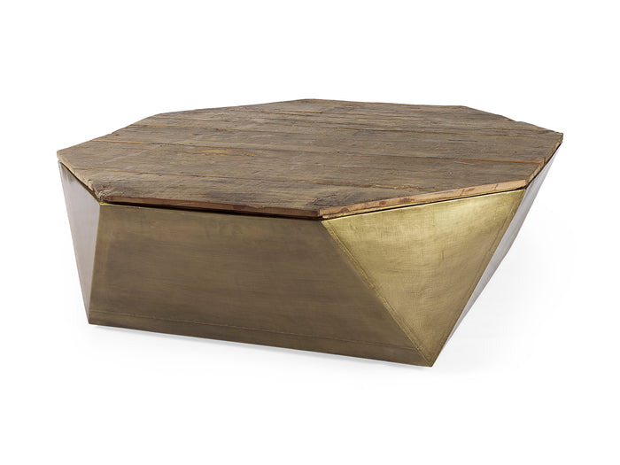 Esagono Metal Base Coffee Table - Double Hinged Solid Wood Top Brass | Calgary Furniture Store