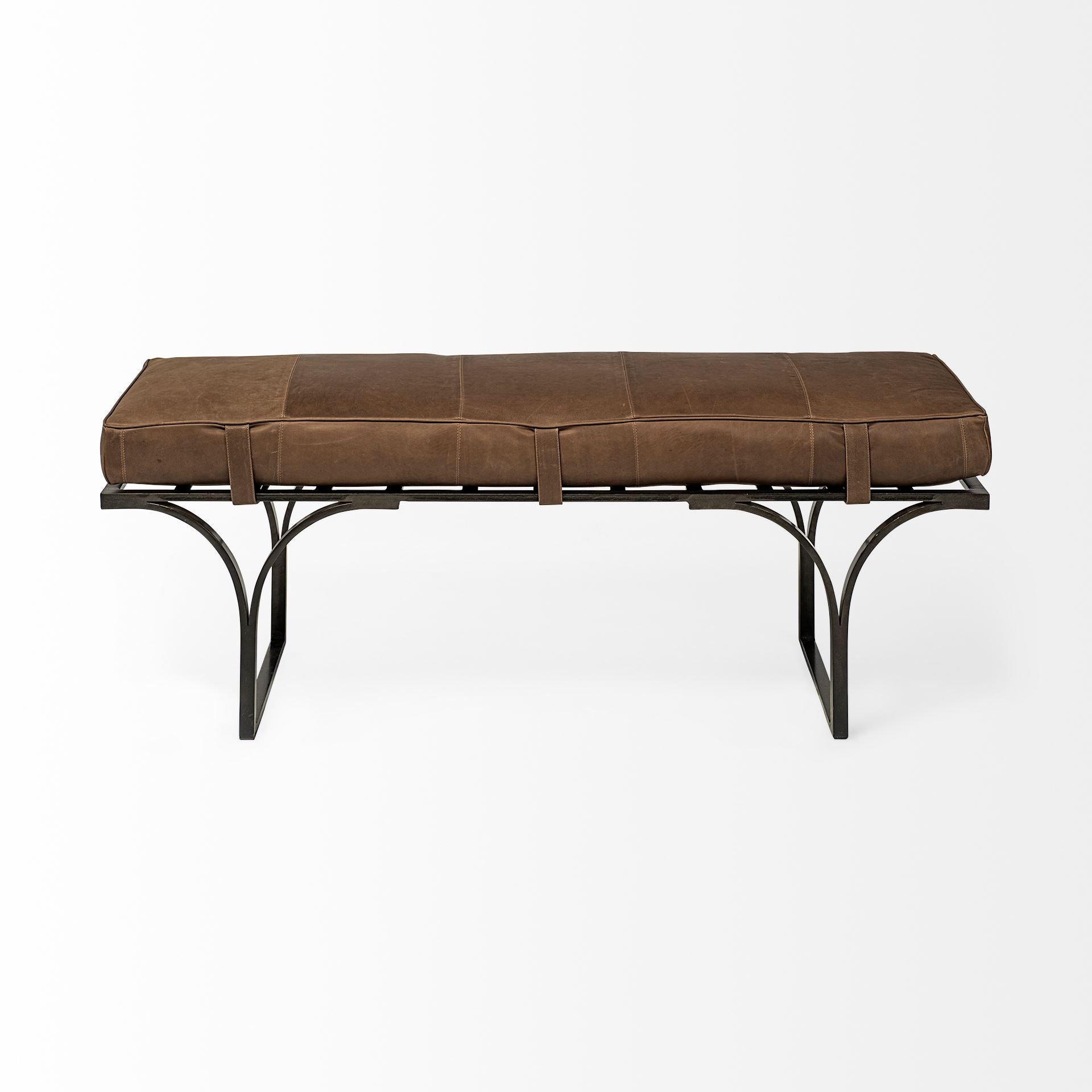 Jessie Brown Leather Seat - Gold Metal Base Accent Bench | Calgary Furniture Store